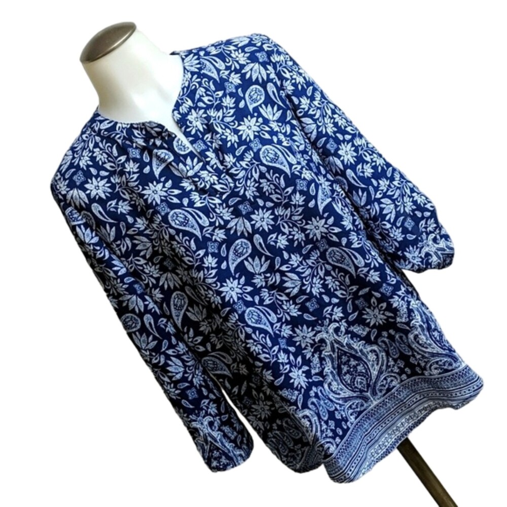 Pink Rose Tunic Top Long Sleeves Paisleys Boho Blue Navy S **NEW**